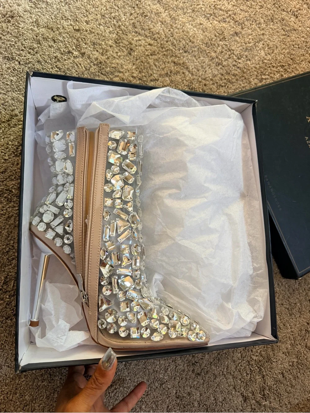 Azalea Wang Drippy Glass Crystal Embellished Stiletto Ankle Boots
